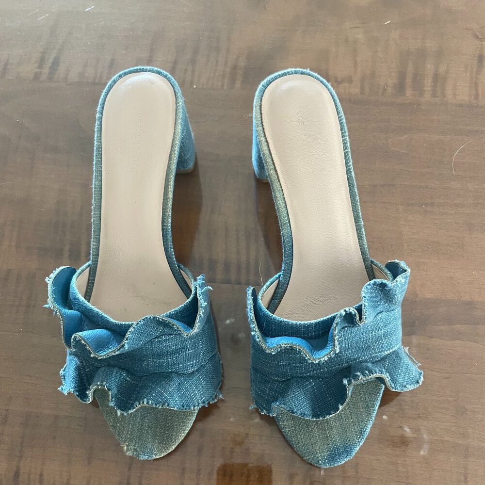 Loeffler Randall Vera Denim Ruffles Slides Size 8
